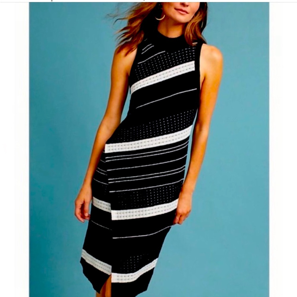 Anthropologie MOTH Velda Asymmetrical Striped Black & White Sweater Dress Sz M